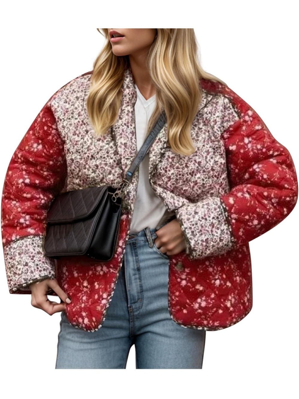 Red Floral Patchwork Puffer Jacket